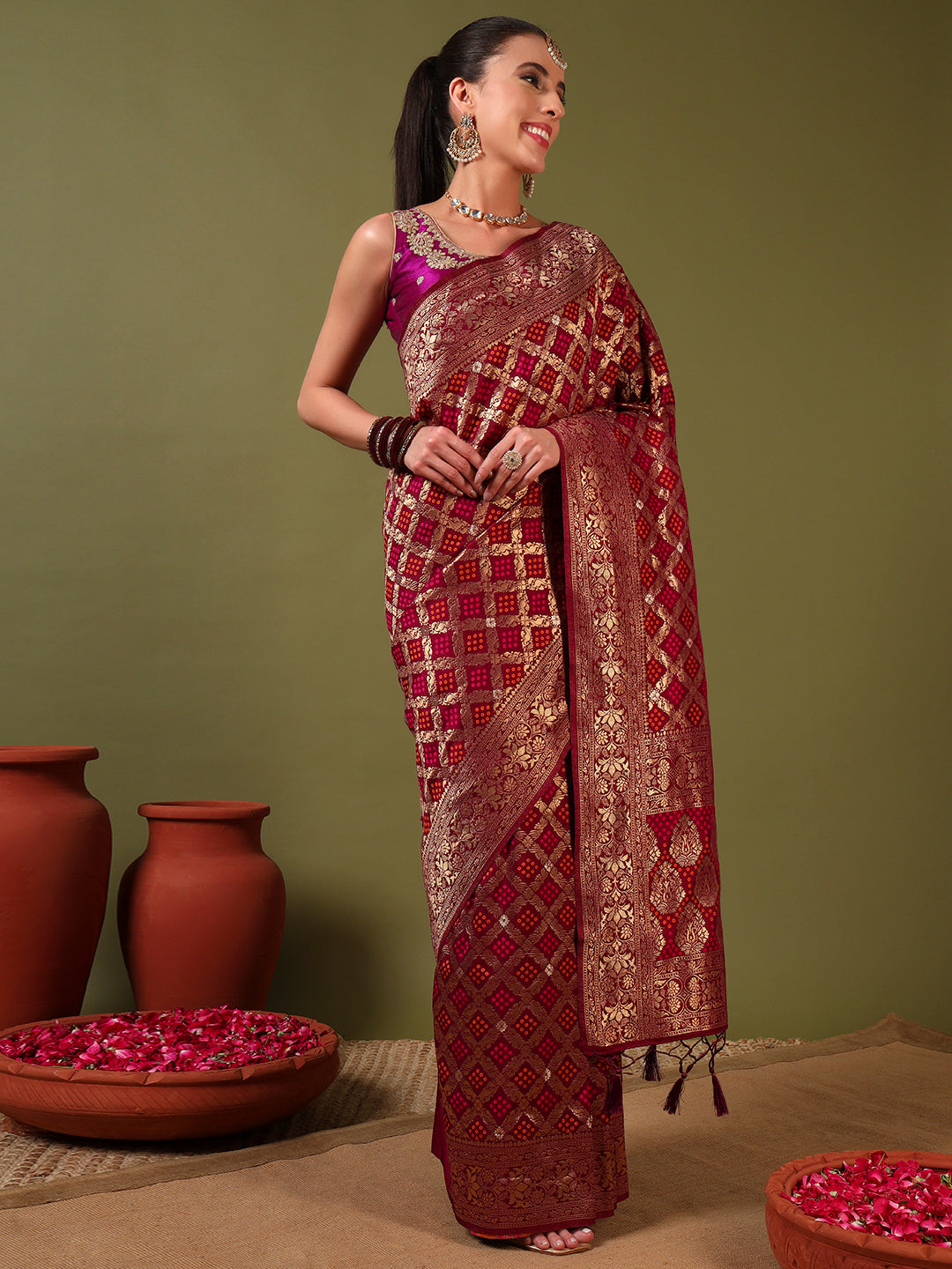 Banarasi Handloom Gharchola Saree with Golden Zari Meenakari Weaving & Jhalar Pallu