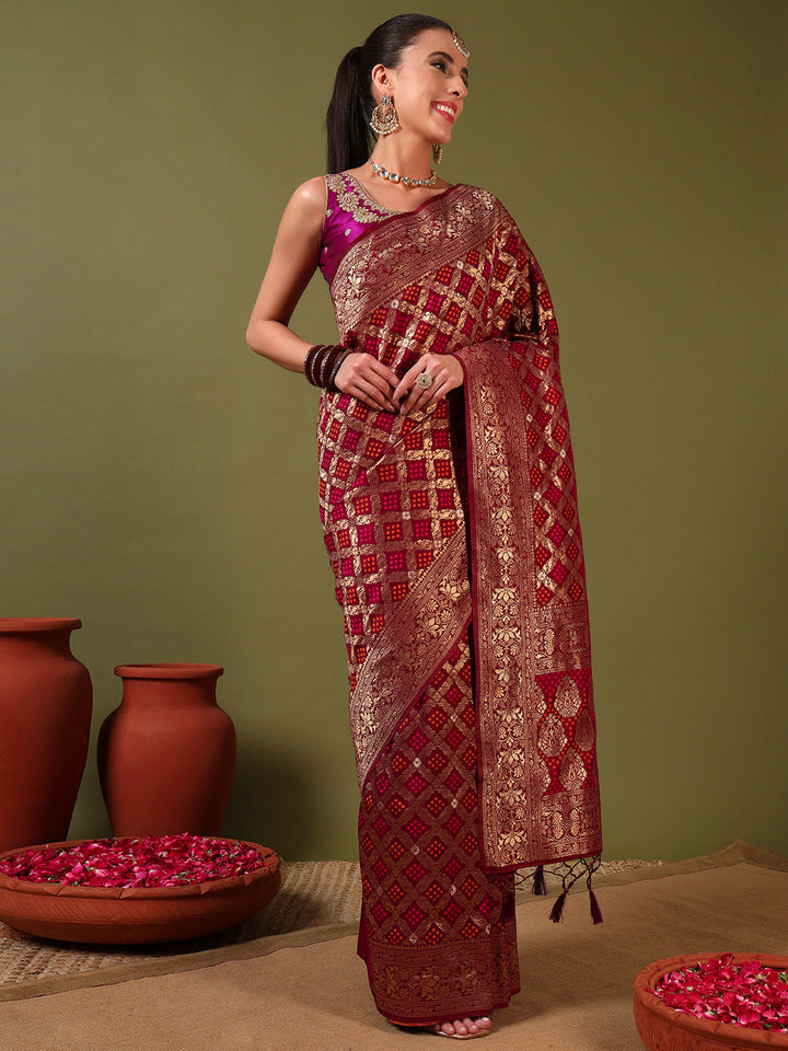 Banarasi Handloom Gharchola Saree with Golden Zari Meenakari Weaving & Jhalar Pallu