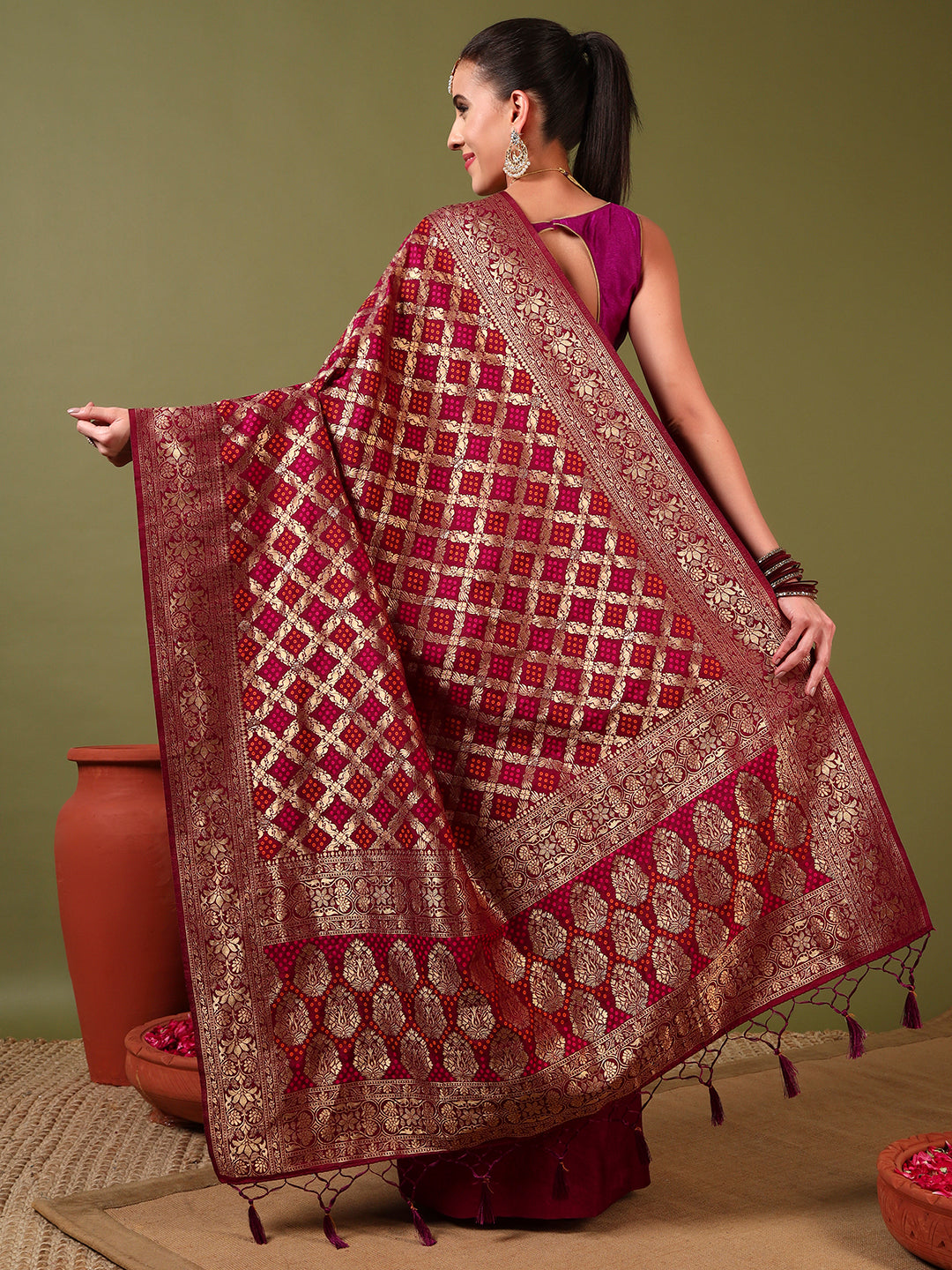 Banarasi Handloom Gharchola Saree with Golden Zari Meenakari Weaving & Jhalar Pallu