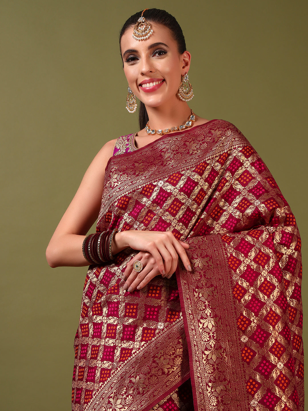 Banarasi Handloom Gharchola Saree with Golden Zari Meenakari Weaving & Jhalar Pallu