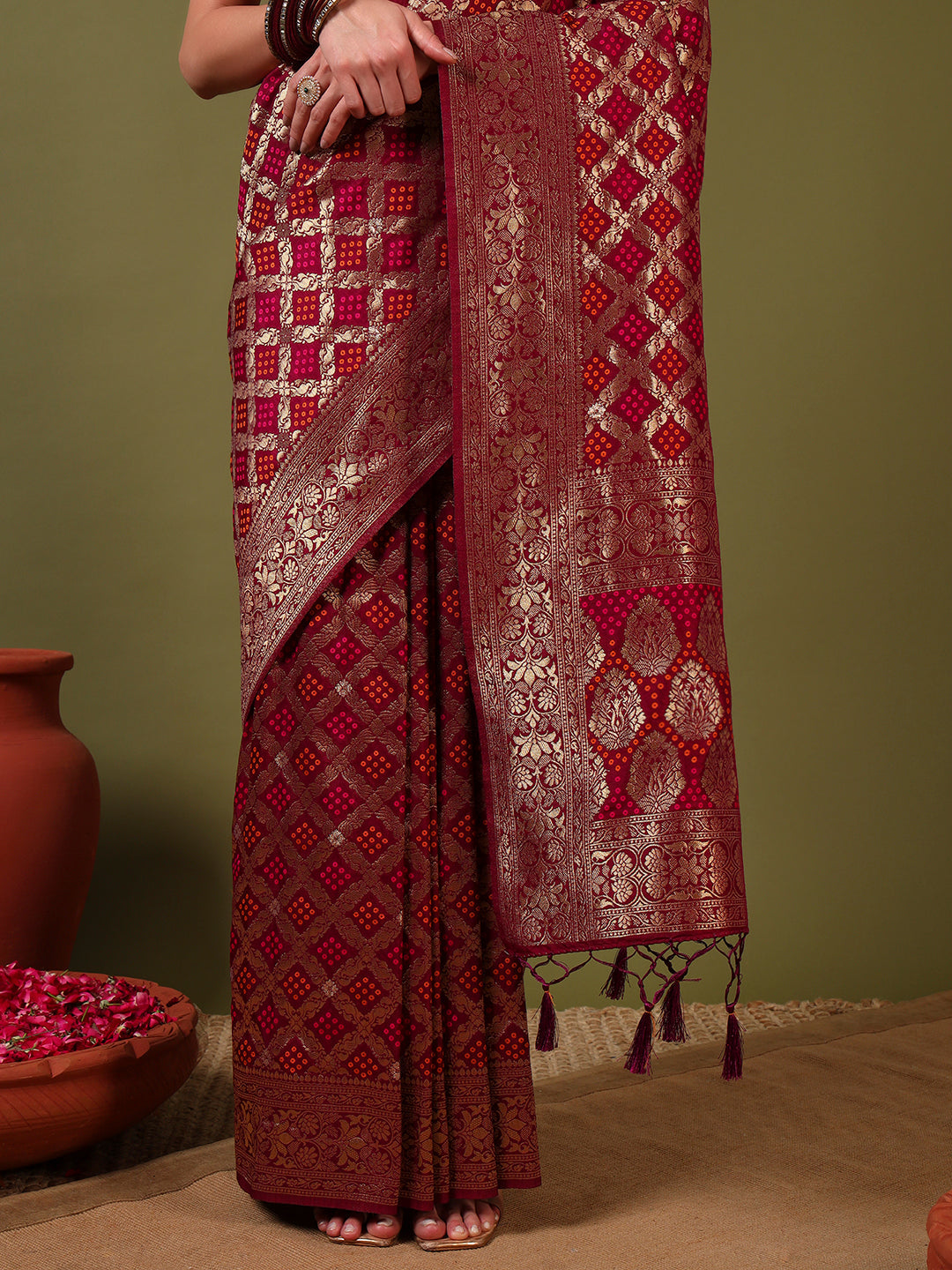 Banarasi Handloom Gharchola Saree with Golden Zari Meenakari Weaving & Jhalar Pallu