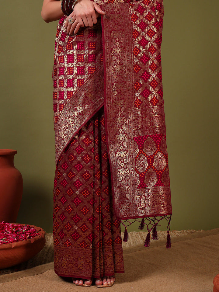 Banarasi Handloom Gharchola Saree with Golden Zari Meenakari Weaving & Jhalar Pallu