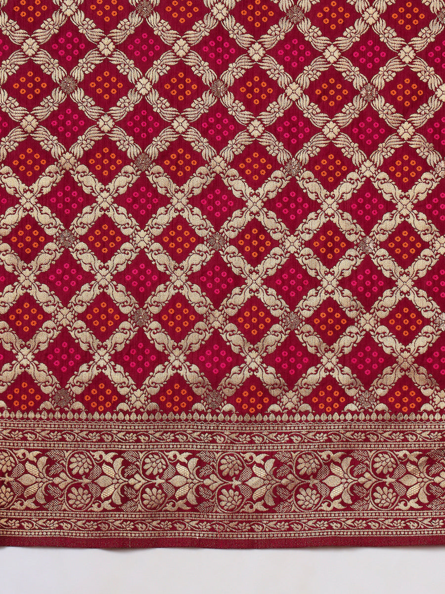 Banarasi Handloom Gharchola Saree with Golden Zari Meenakari Weaving & Jhalar Pallu