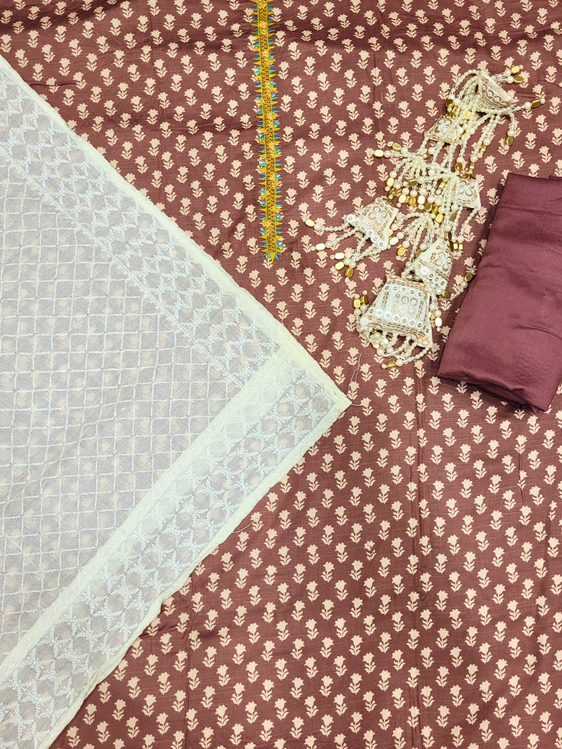 Floral Print Unstitched Cotton Suit with Chikankari Embroidery Dupatta & Multicolor Lace
