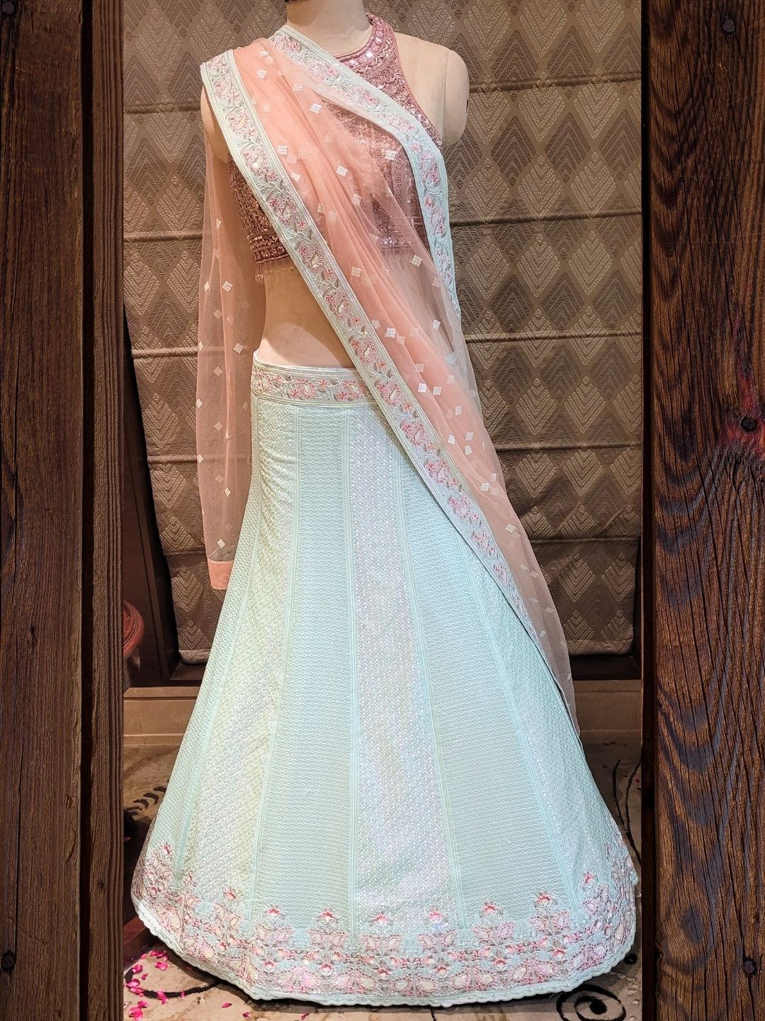 Mint Green Floral Embroidered Lehenga