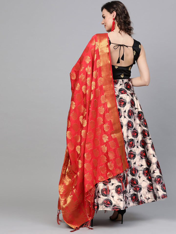 Rose Pattern Digital Print Lehenga with Banarasi Dupatta