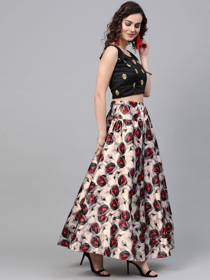 Rose Pattern Digital Print Lehenga with Banarasi Dupatta