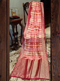 Red and Gold Striped Silk Saree