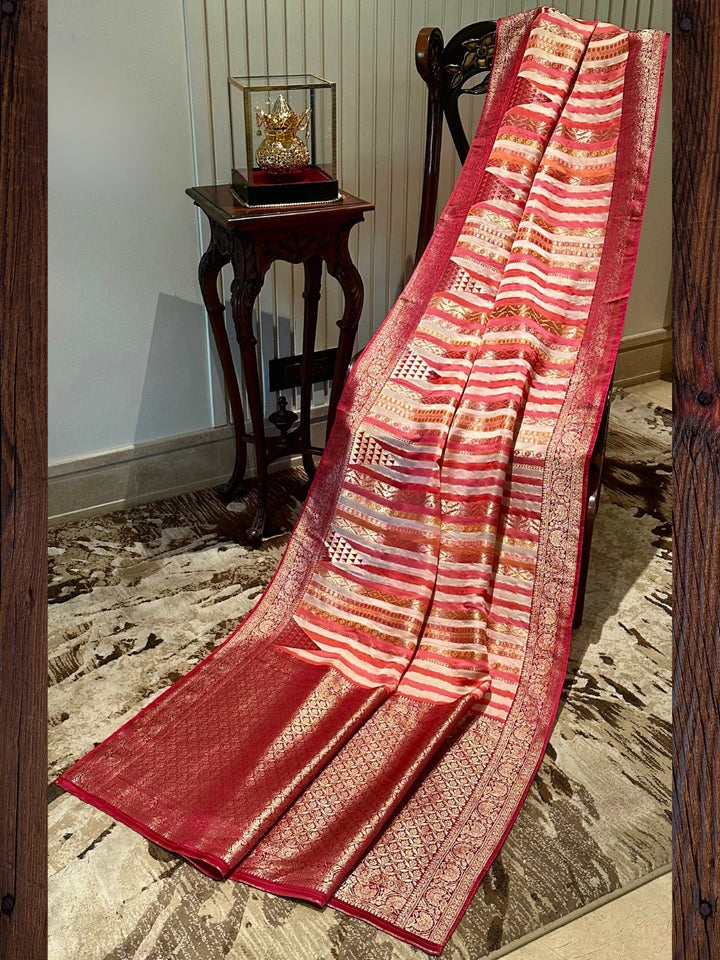Red and Gold Striped Silk Saree