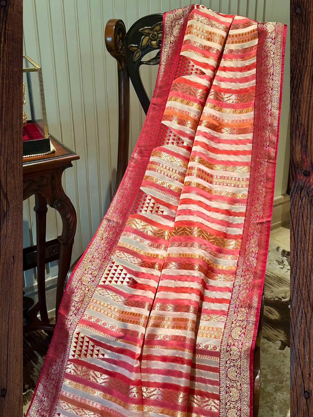 Red and Gold Striped Silk Saree
