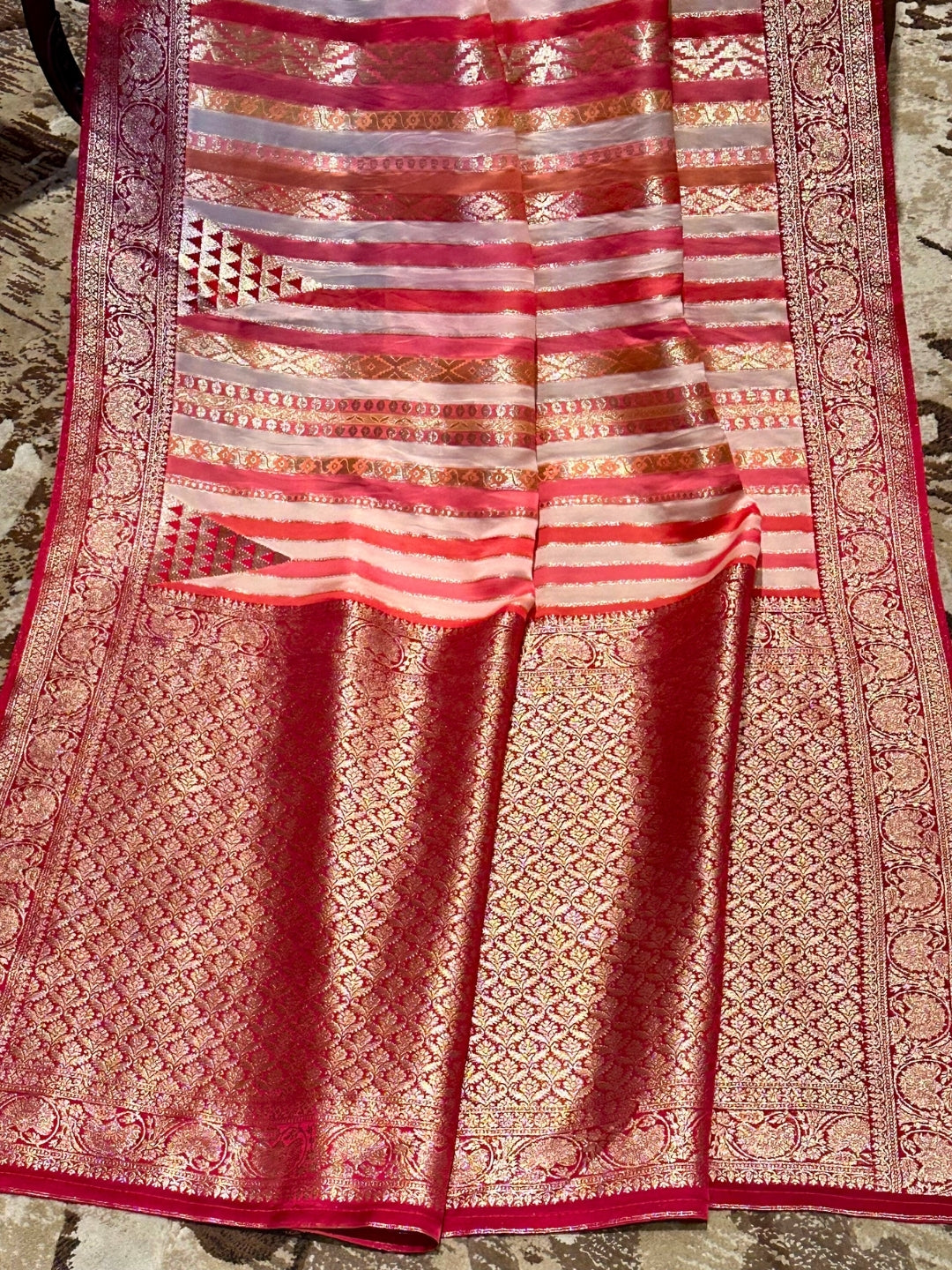Red and Gold Striped Silk Saree