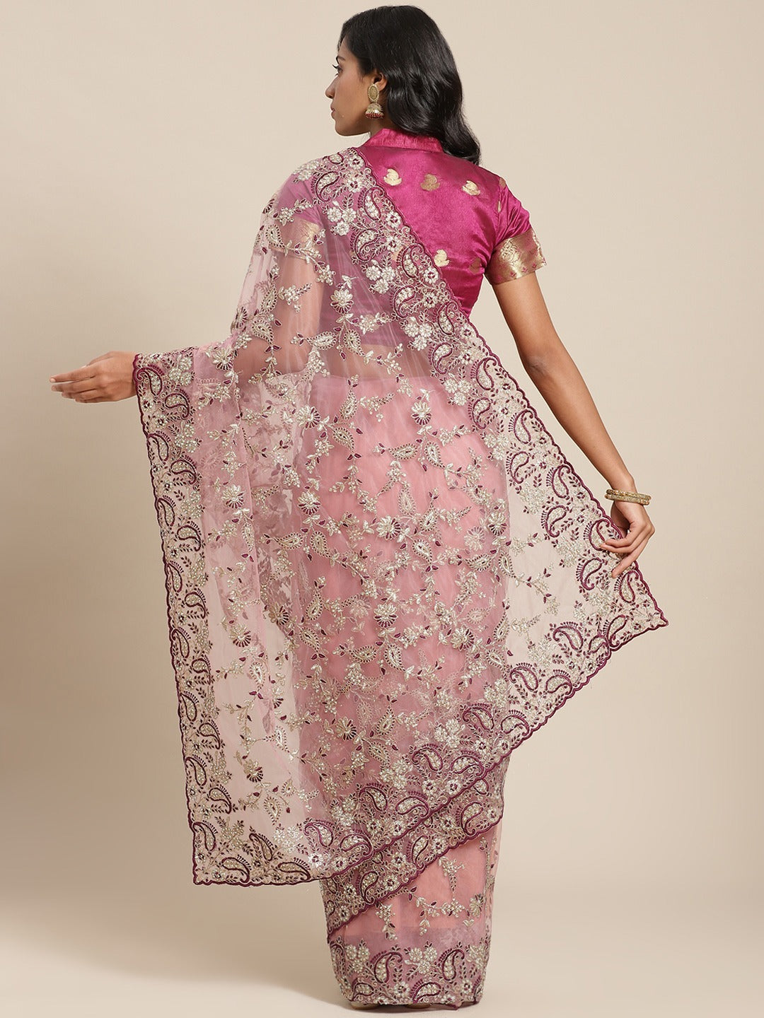 Resham Embroidered Net Saree with Zari and Crystal Embellishments