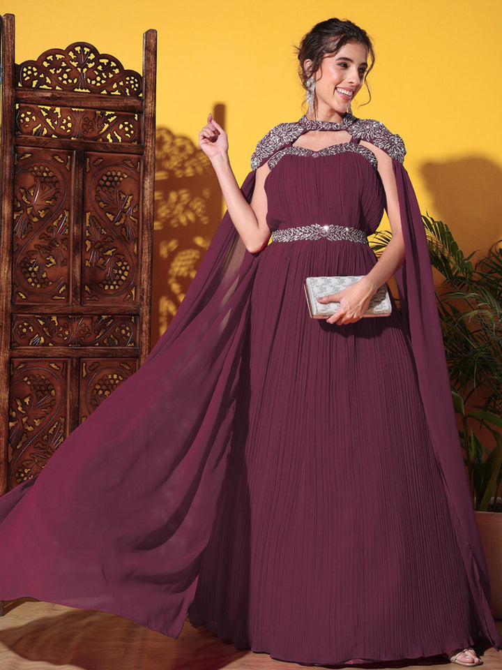 Zircon Embellished Cocktail gown with Accordian Pleats & Removable Waterfall sleeves