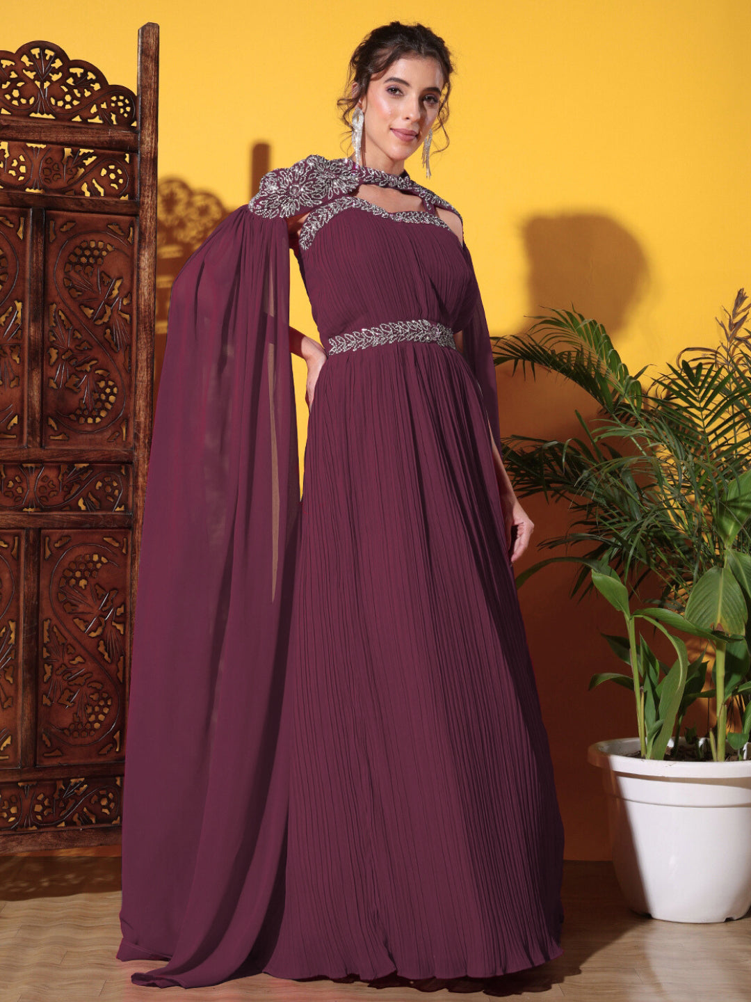 Zircon Embellished Cocktail gown with Accordian Pleats & Removable Waterfall sleeves