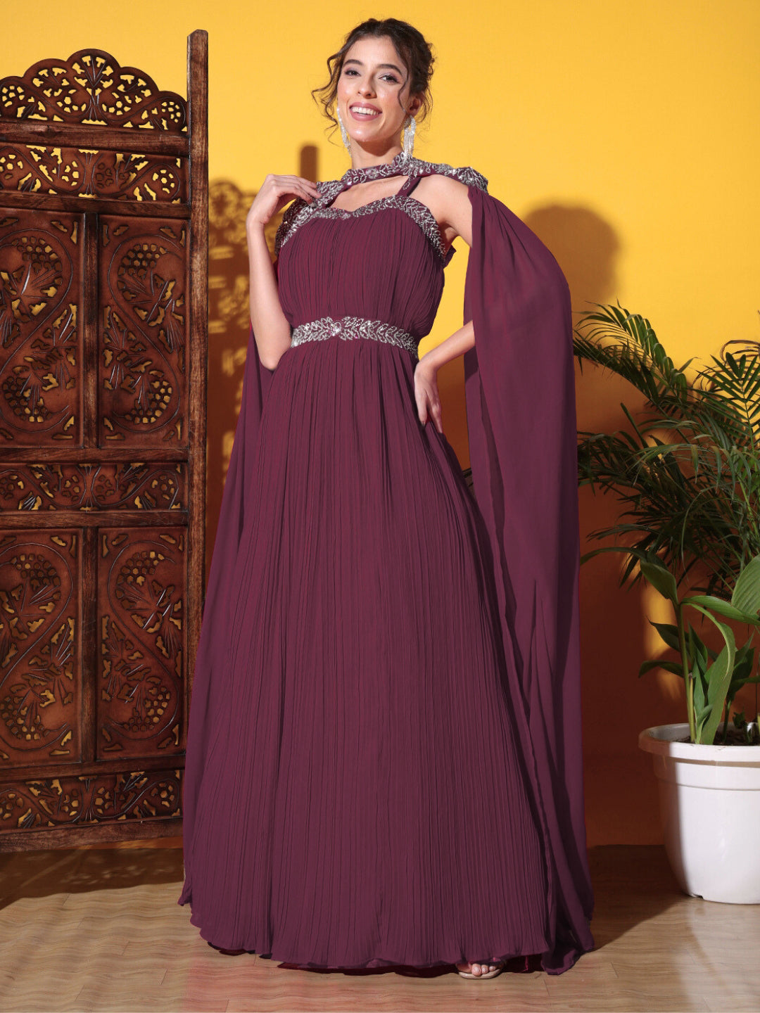 Zircon Embellished Cocktail gown with Accordian Pleats & Removable Waterfall sleeves