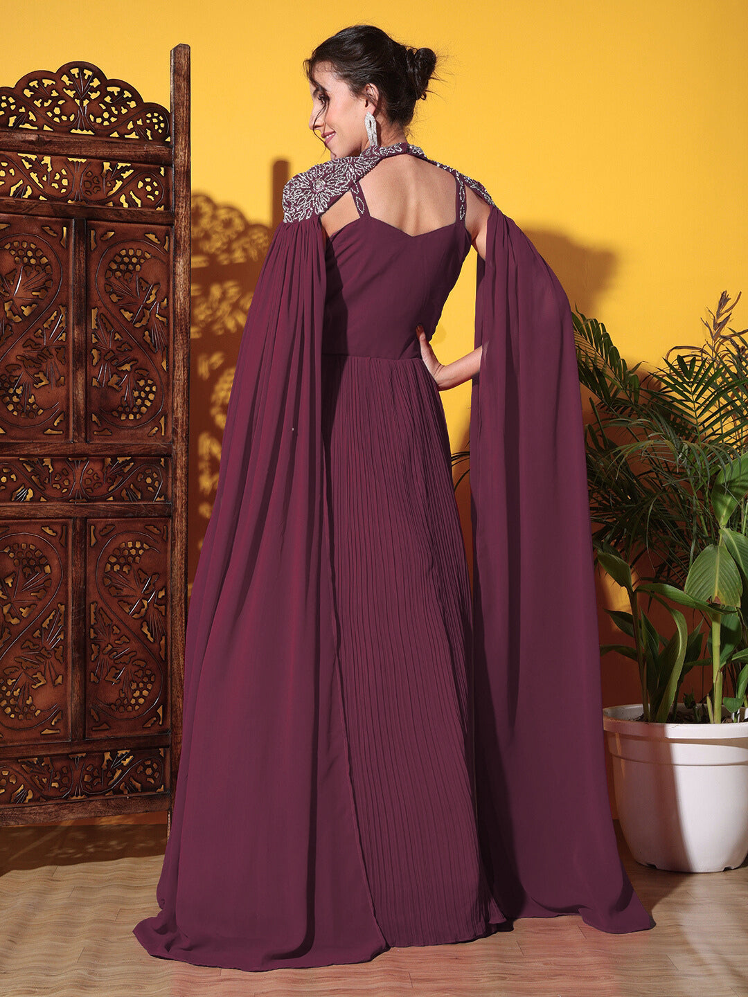 Zircon Embellished Cocktail gown with Accordian Pleats & Removable Waterfall sleeves