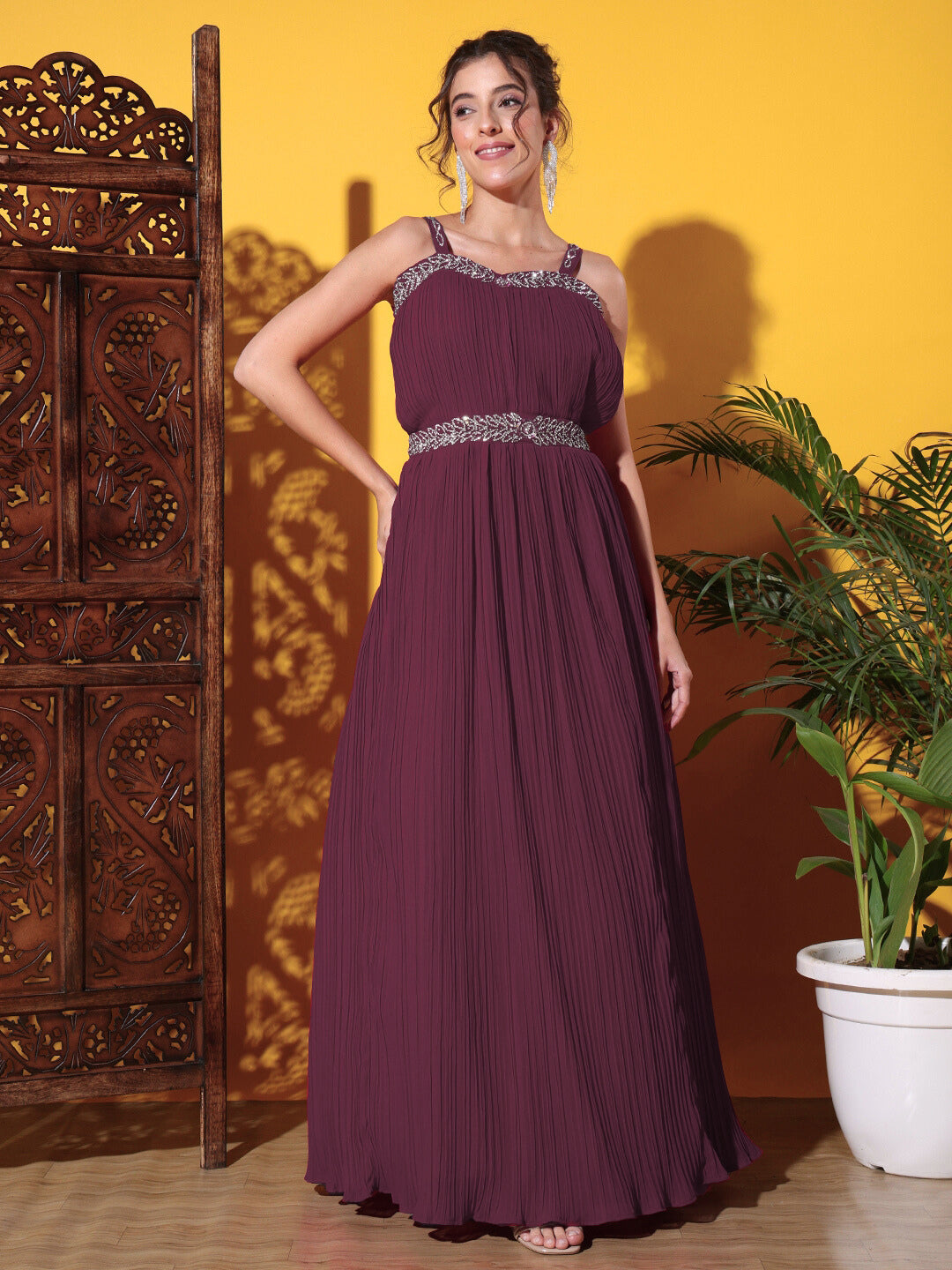 Zircon Embellished Cocktail gown with Accordian Pleats & Removable Waterfall sleeves