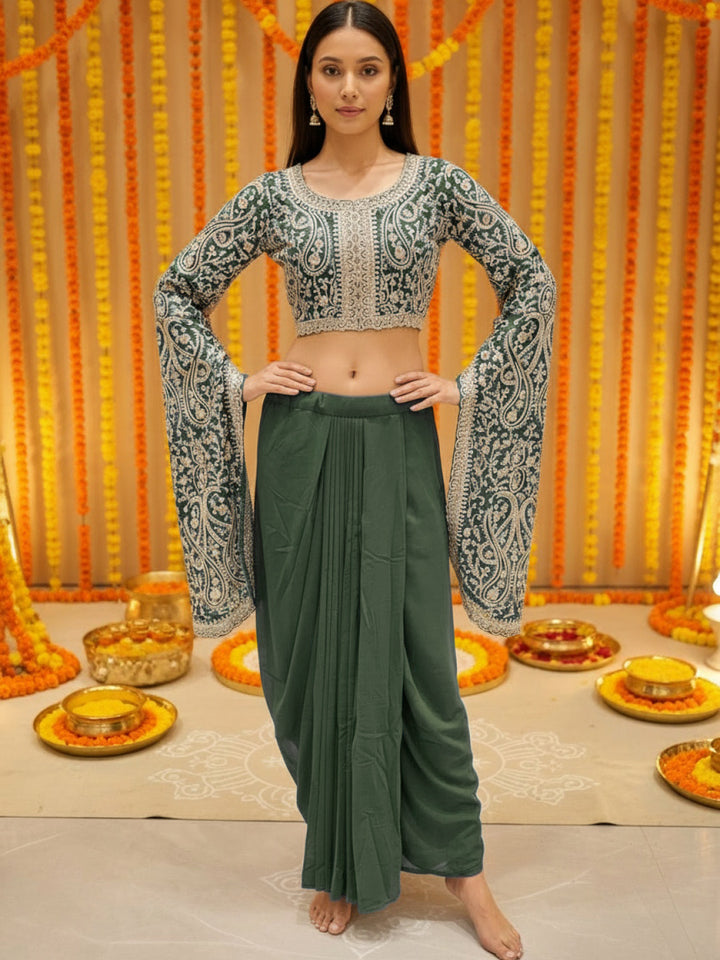 Aari Embroidered Crop Top with Statement Flared Bell Sleeves & Draped Dhoti Skirt