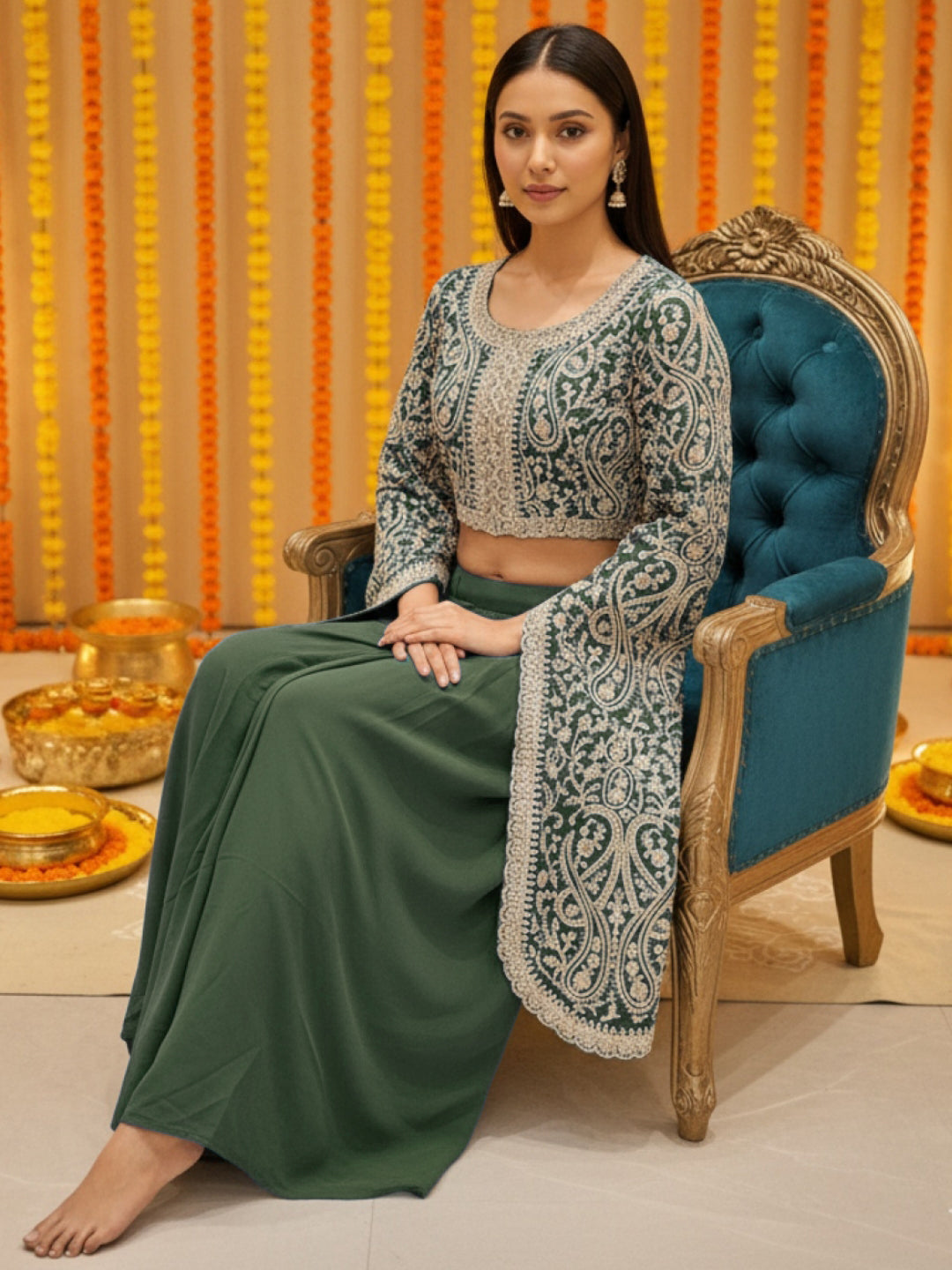 Aari Embroidered Crop Top with Statement Flared Bell Sleeves & Draped Dhoti Skirt