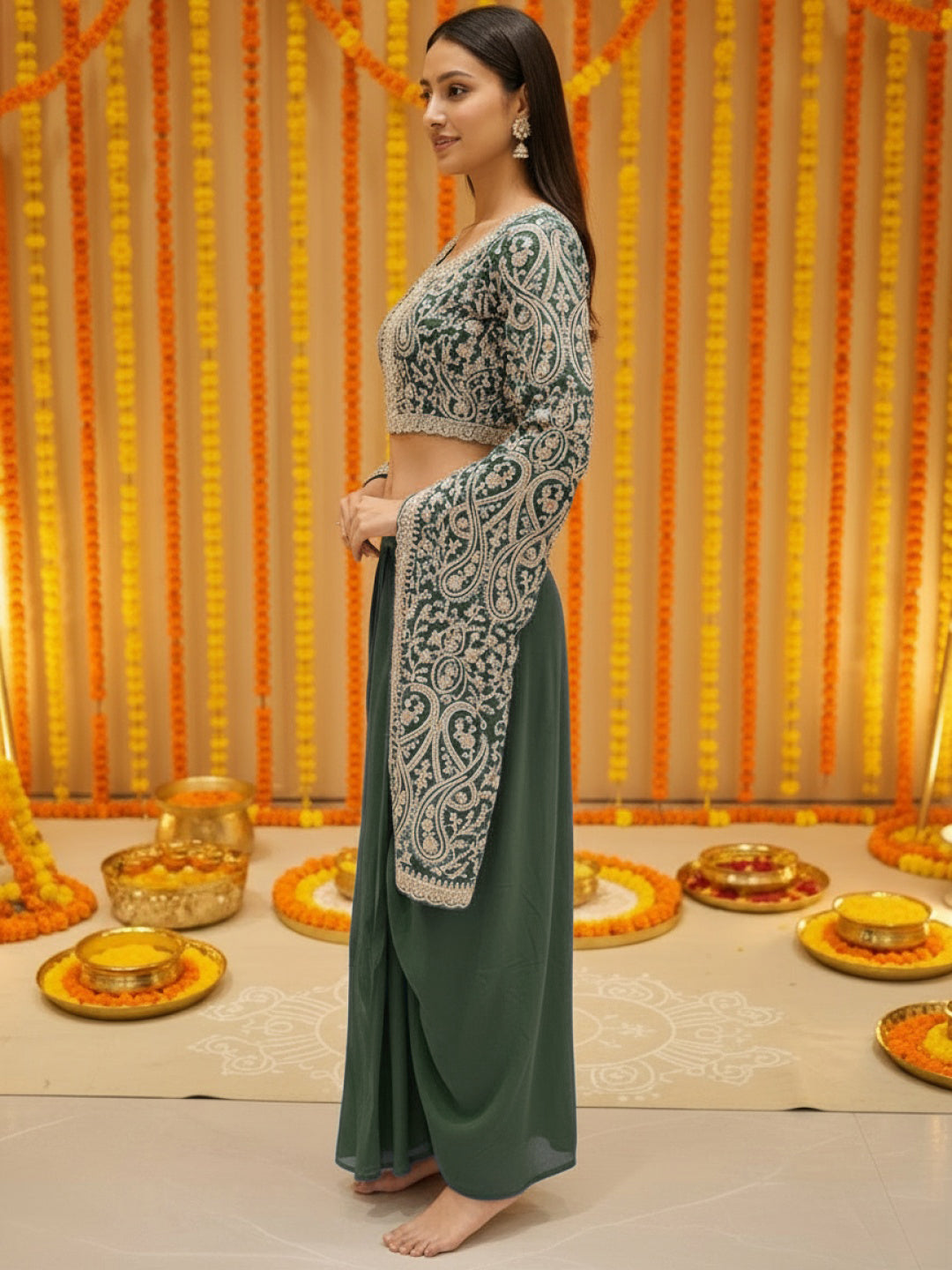 Aari Embroidered Crop Top with Statement Flared Bell Sleeves & Draped Dhoti Skirt