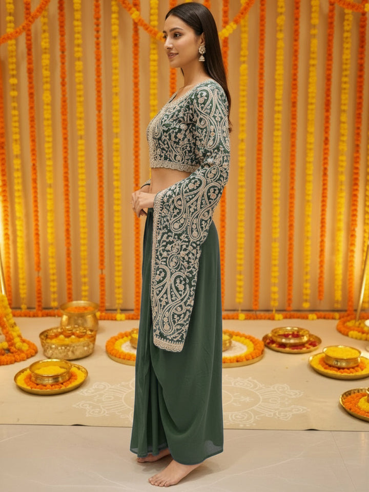 Aari Embroidered Crop Top with Statement Flared Bell Sleeves & Draped Dhoti Skirt