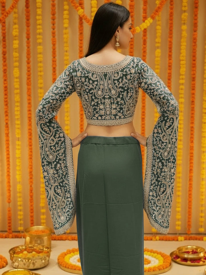 Aari Embroidered Crop Top with Statement Flared Bell Sleeves & Draped Dhoti Skirt