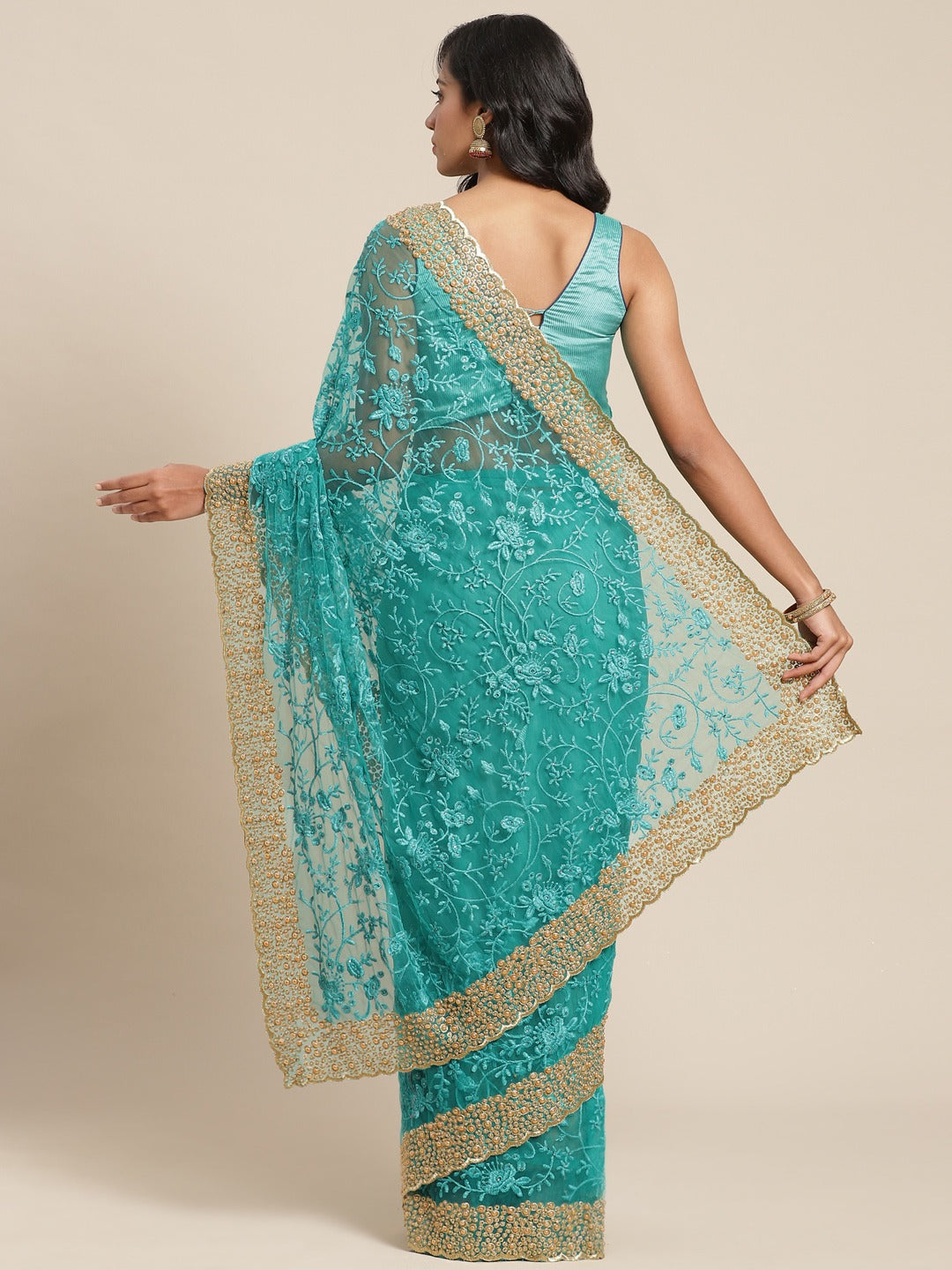 Turquoise Net Resham Embroidered Saree With Pearls, Cut work Border & Embroidered belt