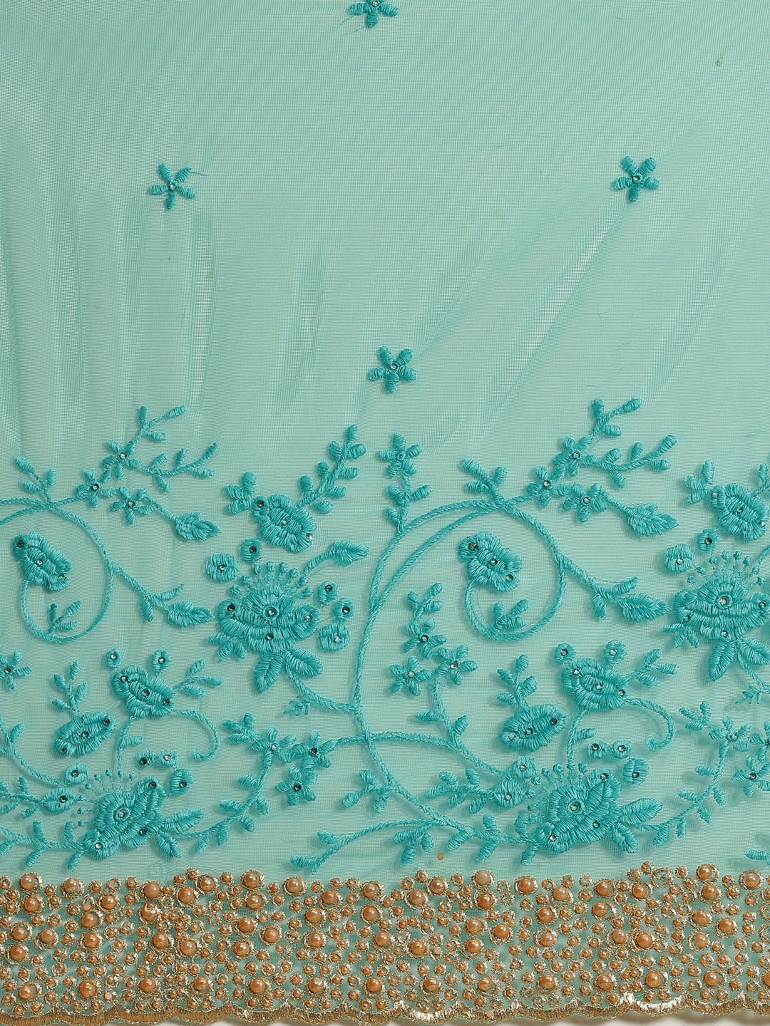 Turquoise Net Resham Embroidered Saree With Pearls, Cut work Border & Embroidered belt