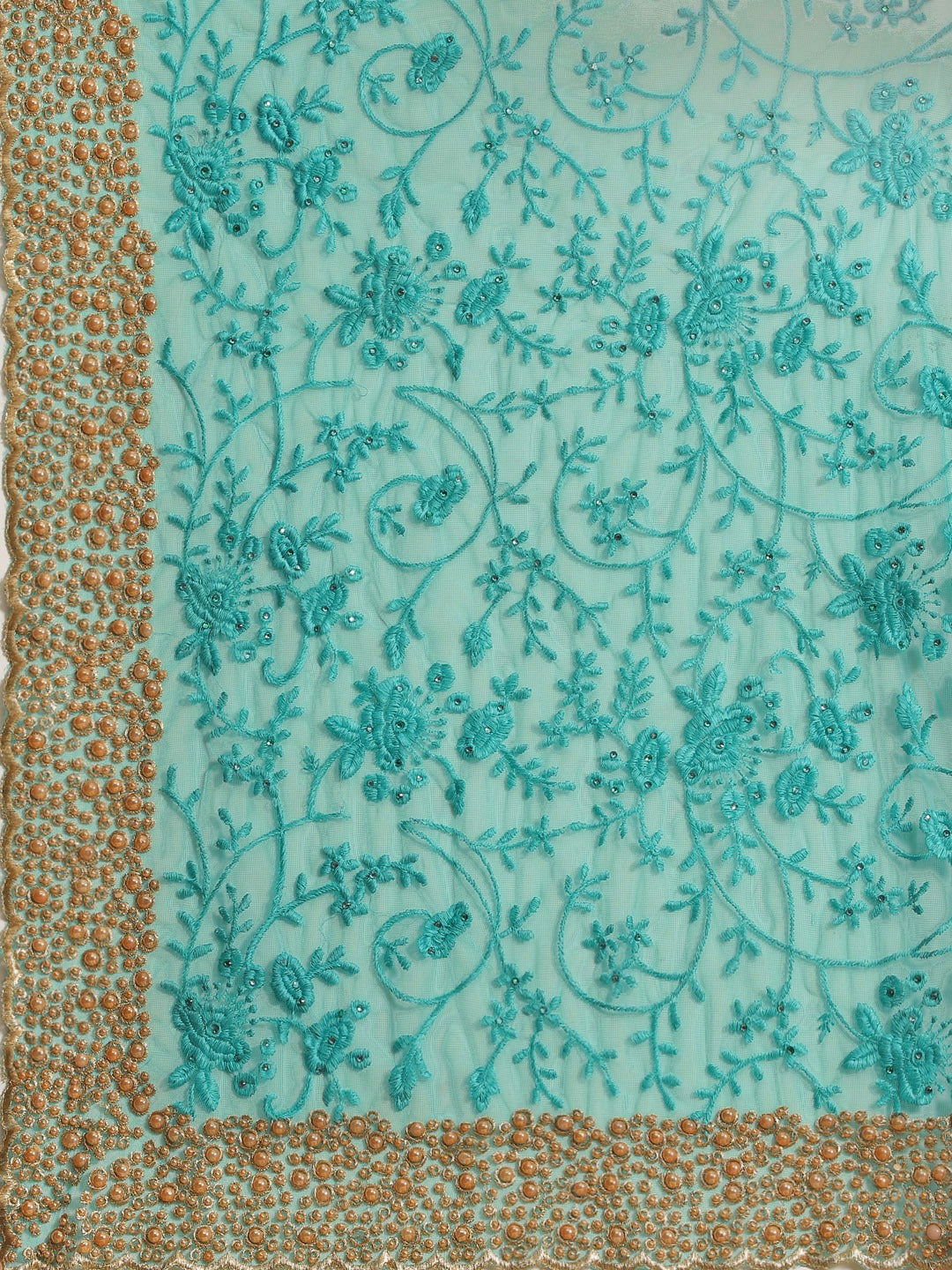 Turquoise Net Resham Embroidered Saree With Pearls, Cut work Border & Embroidered belt