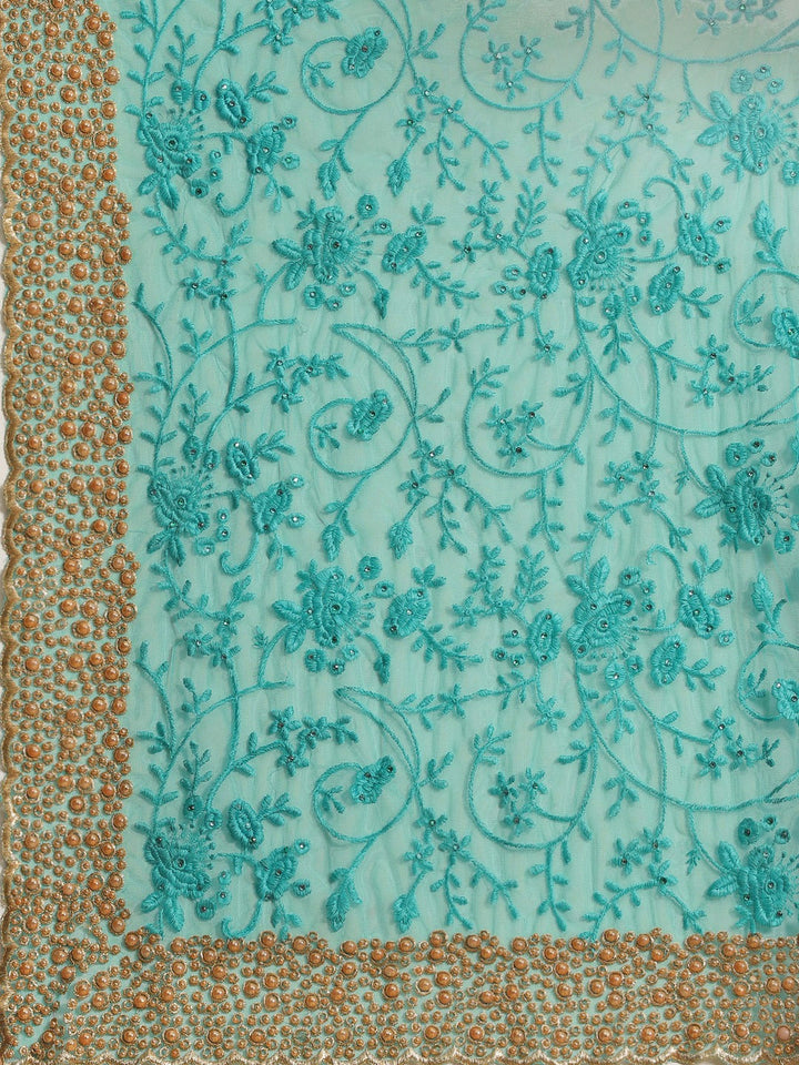 Turquoise Net Resham Embroidered Saree With Pearls, Cut work Border & Embroidered belt