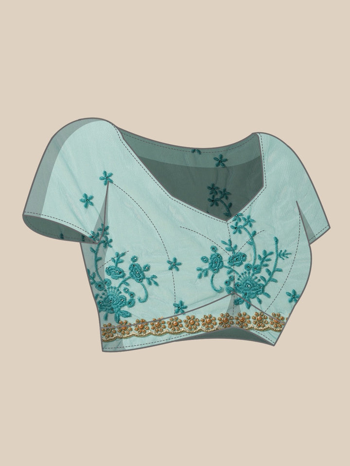 Turquoise Net Resham Embroidered Saree With Pearls, Cut work Border & Embroidered belt