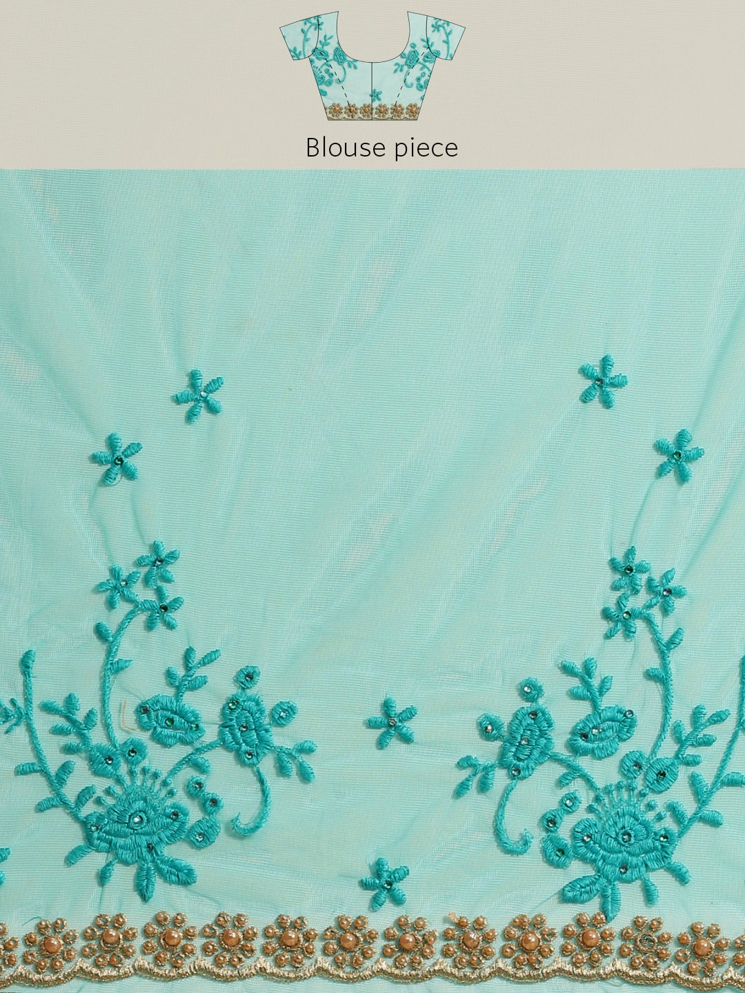 Turquoise Net Resham Embroidered Saree With Pearls, Cut work Border & Embroidered belt