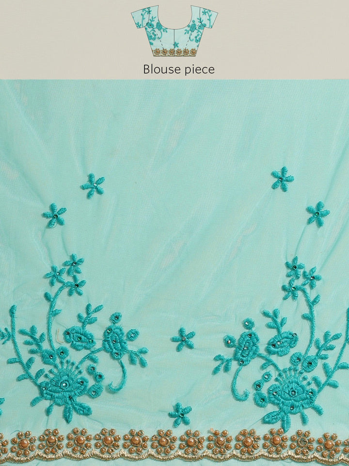 Turquoise Net Resham Embroidered Saree With Pearls, Cut work Border & Embroidered belt