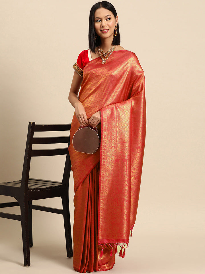 Red Woven Ethnic Kanjeevaram Handloom Saree with Zari Ethnic Motifs