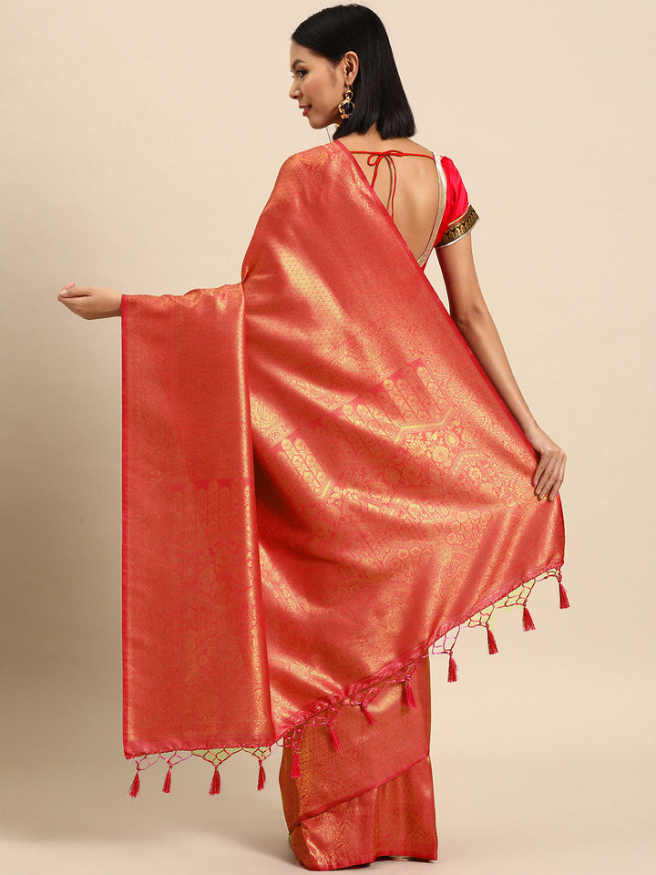 Red Woven Ethnic Kanjeevaram Handloom Saree with Zari Ethnic Motifs