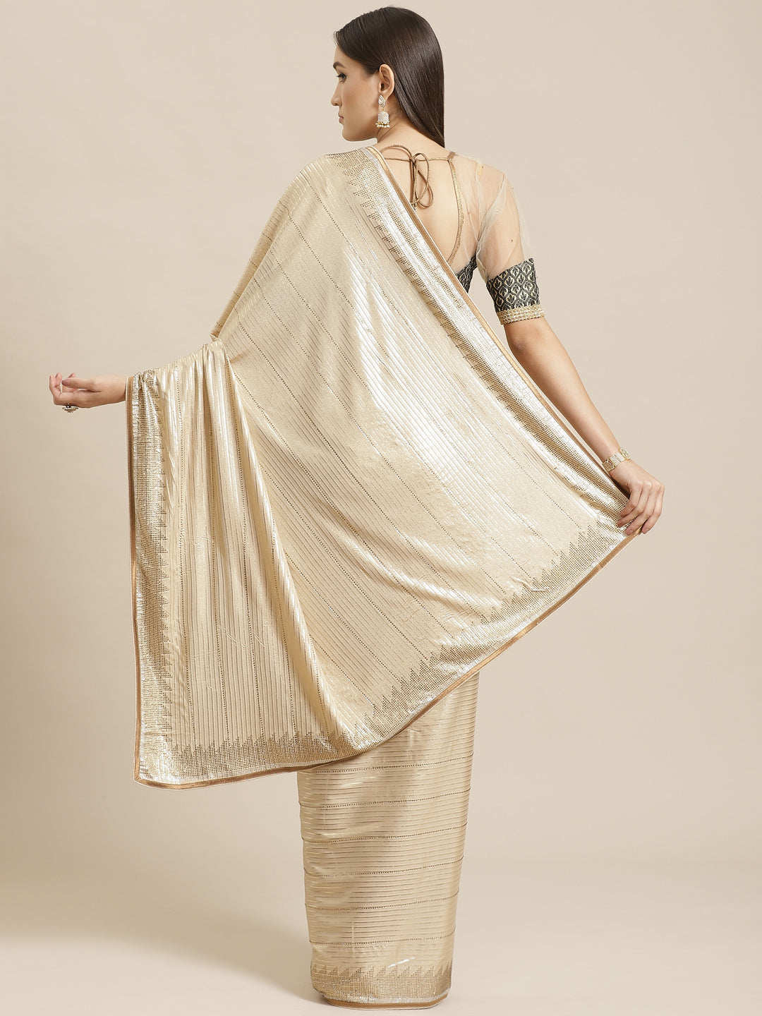 Golden Shimmer Georgette Cocktail Saree with Foil Print & Heavy Swarovski Work