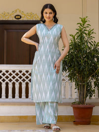 Chhabra 555 Bhagalpuri Cotton Mirror Embellished Kurta Set with Ikat Chevron Pattern Print