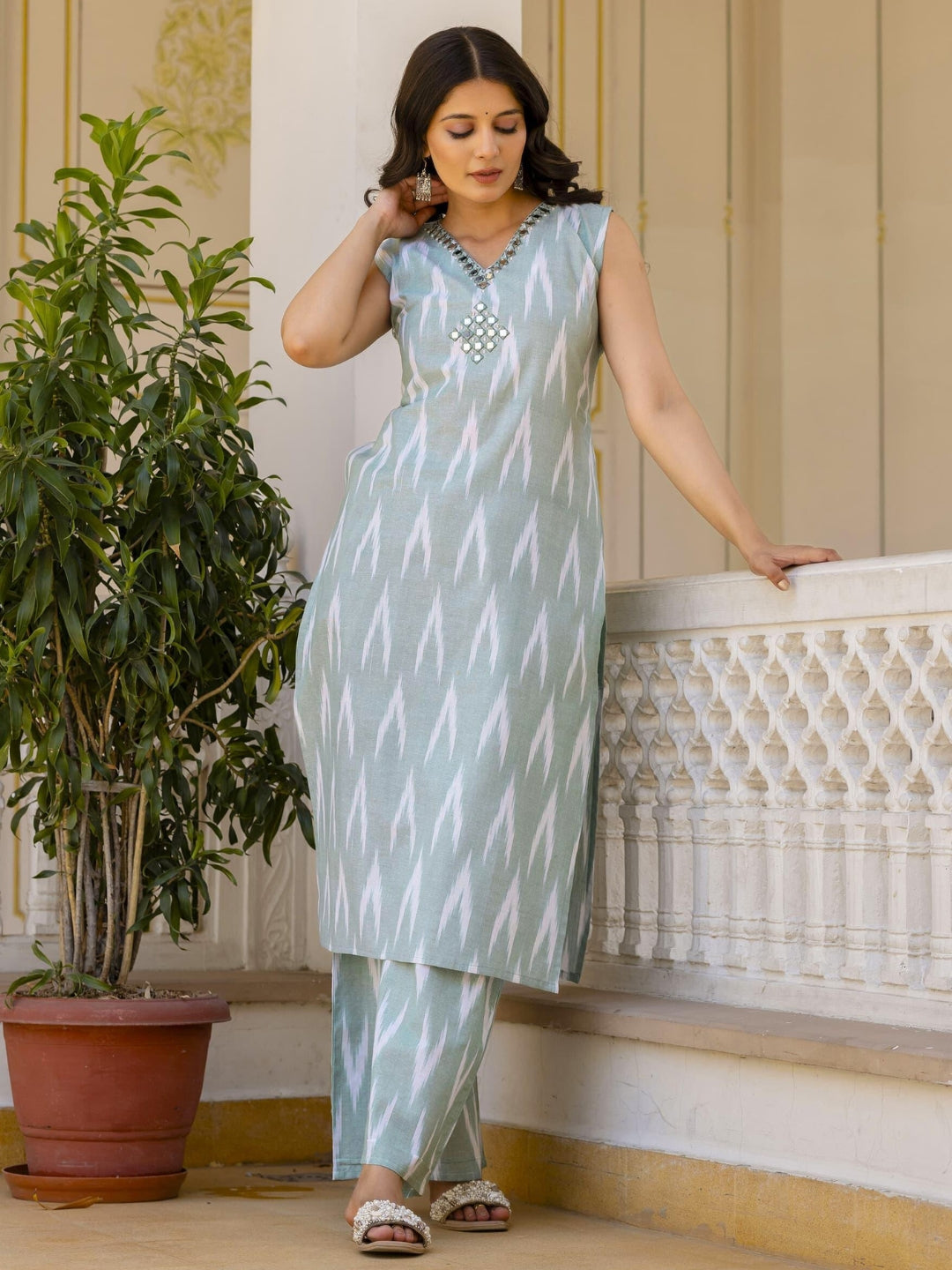 Bhagalpuri Cotton Mirror Embellished Kurta Set with Ikat Chevron Pattern Print
