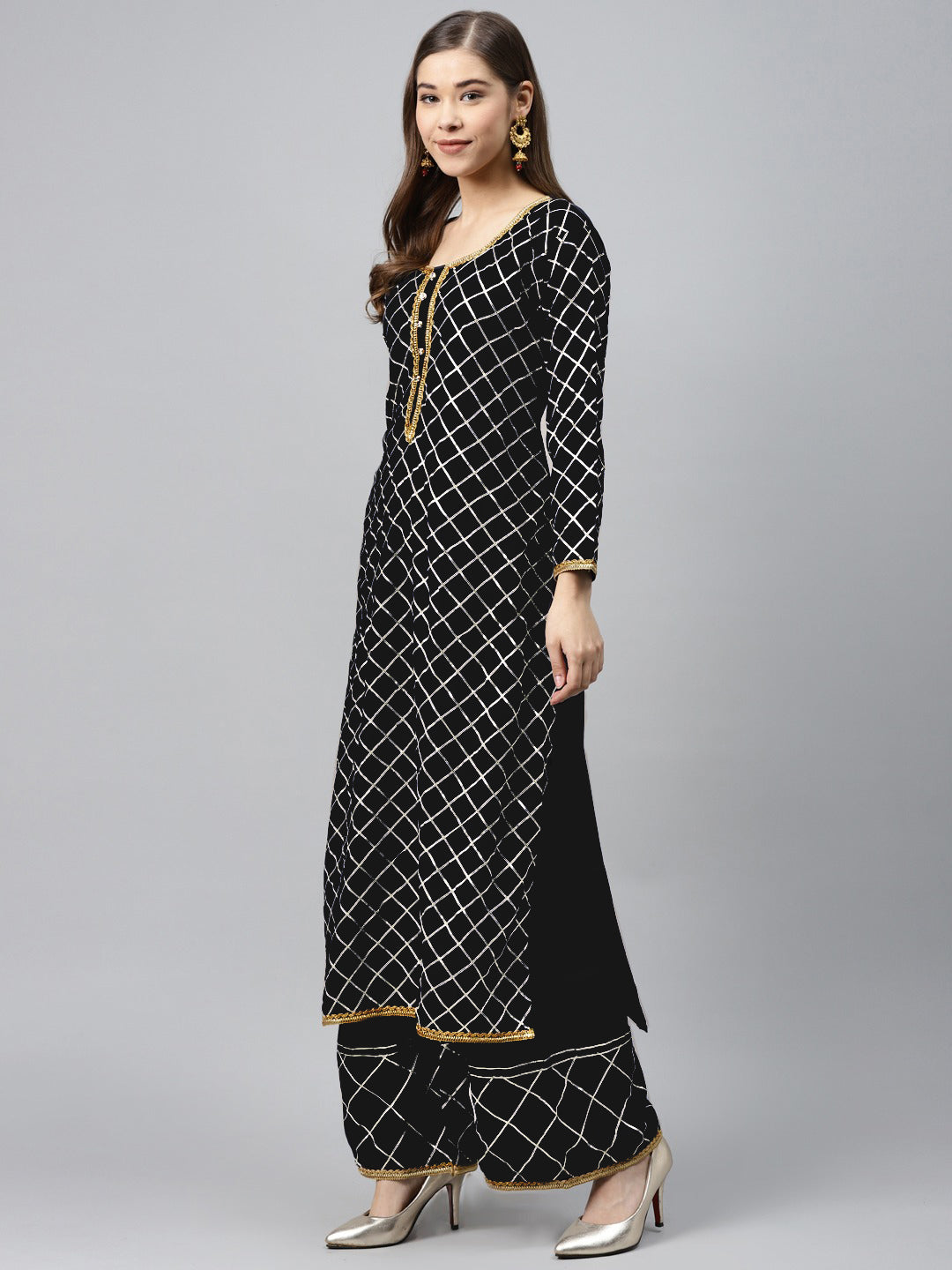 Made to Measure Black Kurta Pallazo Set with Gotta Patti Embroidery & Chiffon Dupatta