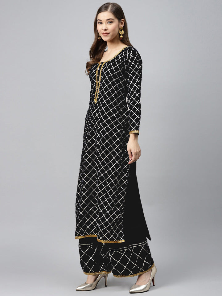 Made to Measure Black Kurta Pallazo Set with Gotta Patti Embroidery & Chiffon Dupatta