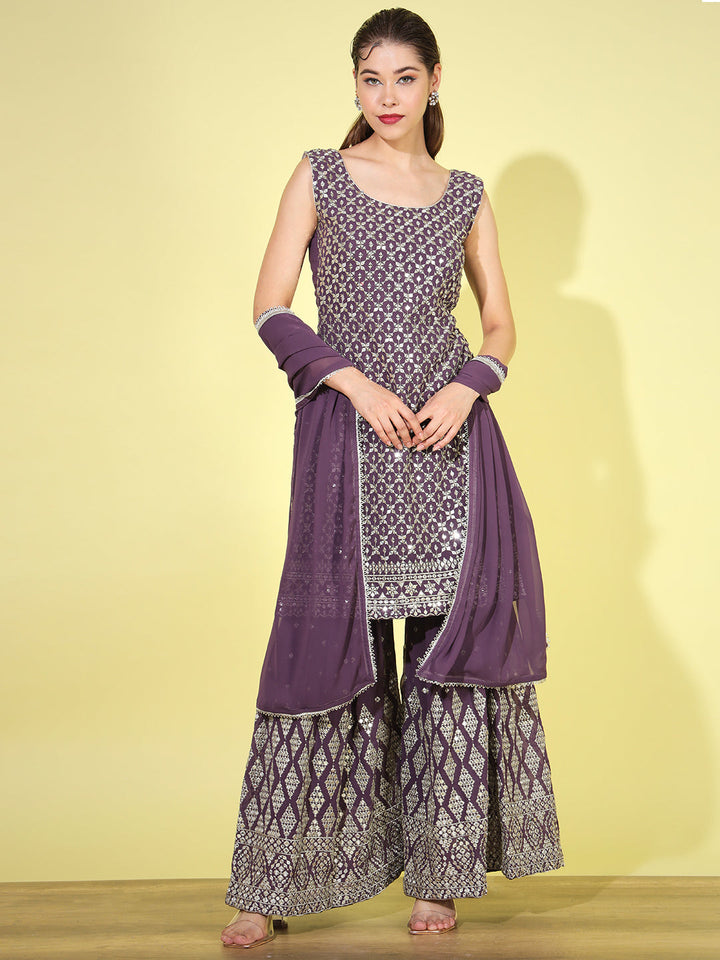 Purple Mirror Embellished Kurta with Embroidered Sharara & Dupatta