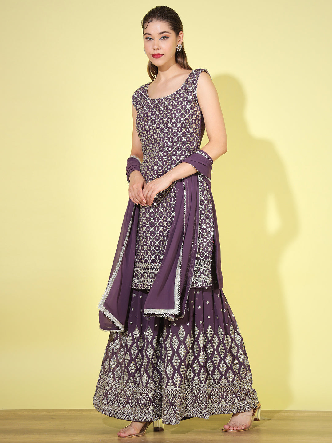 Purple Mirror Embellished Kurta with Embroidered Sharara & Dupatta