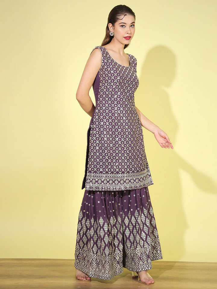 Purple Mirror Embellished Kurta with Embroidered Sharara & Dupatta