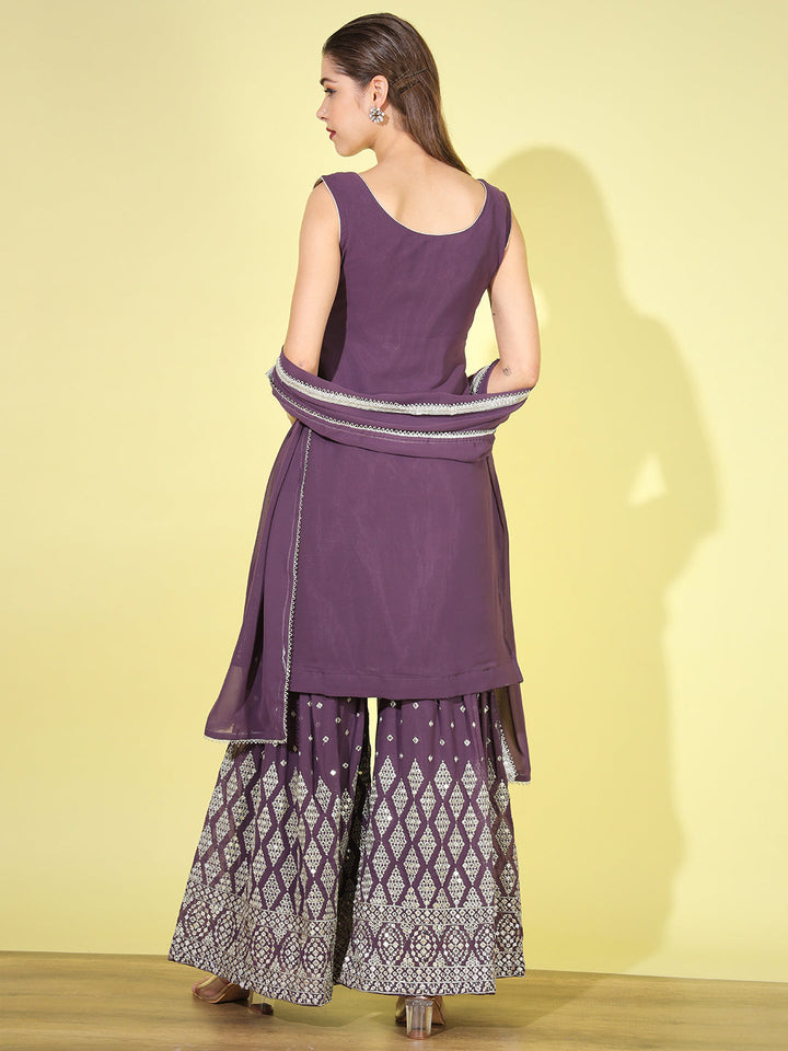 Purple Mirror Embellished Kurta with Embroidered Sharara & Dupatta