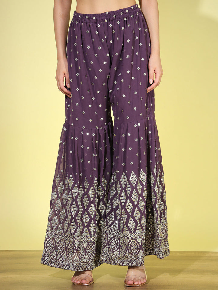 Purple Mirror Embellished Kurta with Embroidered Sharara & Dupatta