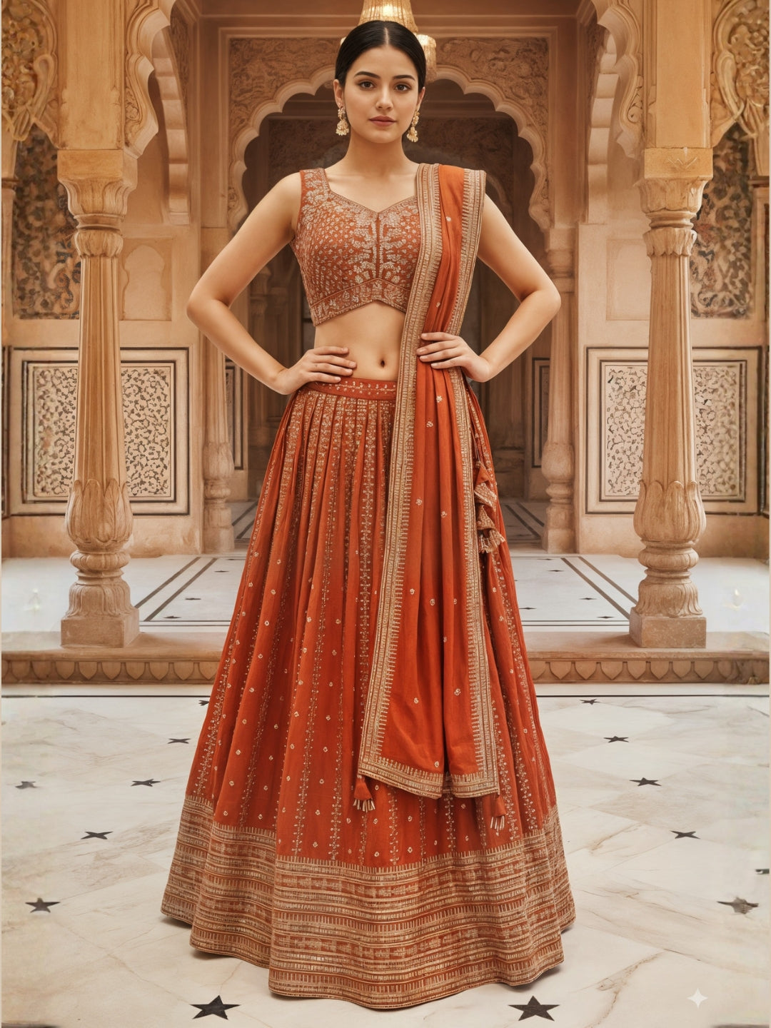 Kalidar Silk Chinon Lehenga with Intricate Sequin & Zari Embroidered Floral Patterns