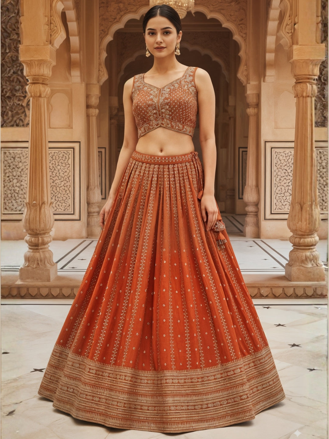Kalidar Silk Chinon Lehenga with Intricate Sequin & Zari Embroidered Floral Patterns