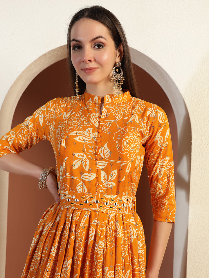 Floral Print Flared Summer Dress with Mirror Sequin Embellishments & Matching belt