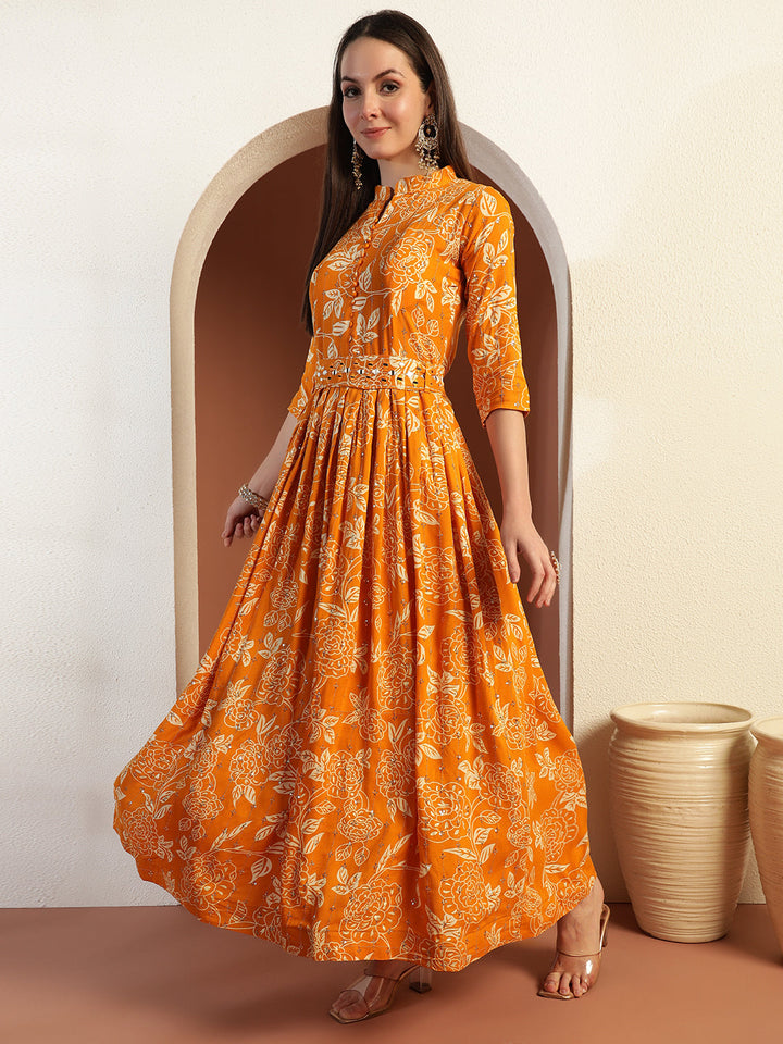 Floral Print Flared Summer Dress with Mirror Sequin Embellishments & Matching belt