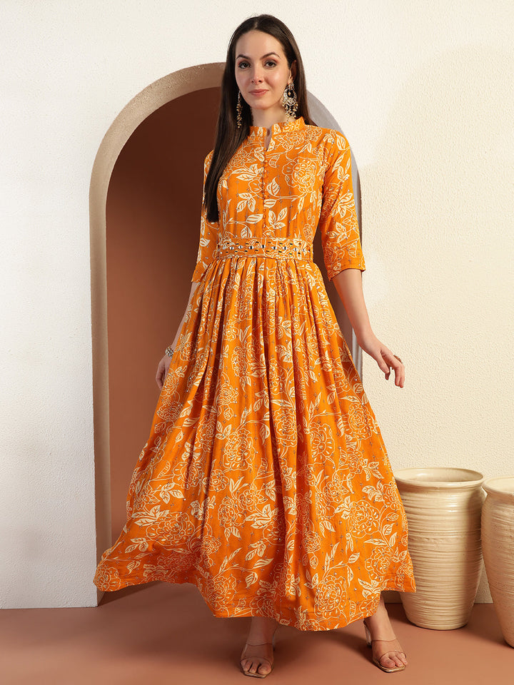 Floral Print Flared Summer Dress with Mirror Sequin Embellishments & Matching belt